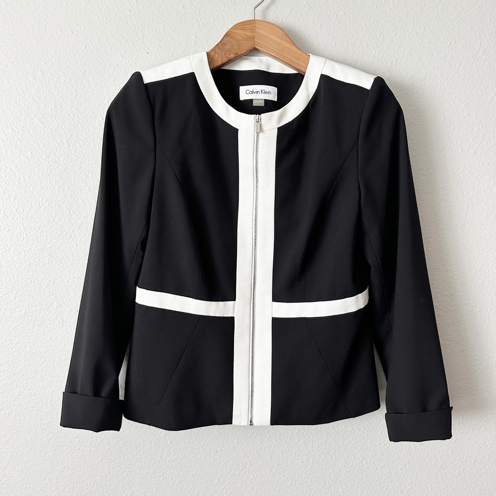 Calvin Klein Womens Black White Colorblock Zip Front Blazer Jacket Size 8‎